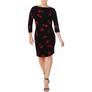 Ralph Lauren Size 8P Floral Dress Red Puff Sleeve Mini Cocktail Crewneck Stretch